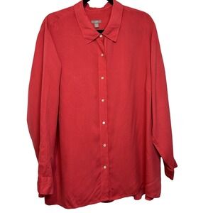 Coastal Travel Plus 3X Red 100% Silk‎ Button Down Long Sleeve Blouse Classic